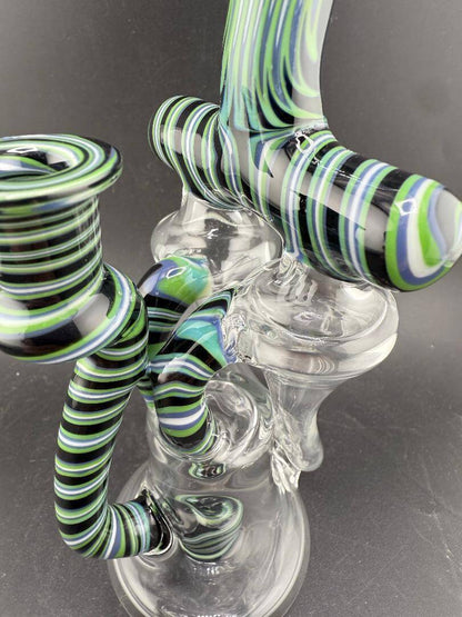 Domer Glass Recycler - 2025 Double Tornado Black Green White Wig Wag 10mm 90° with intricate striped design.
