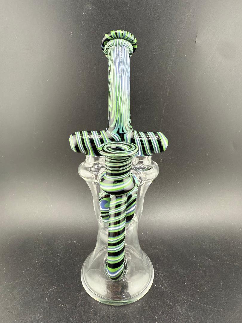 Domer Glass Recycler - 2025 Double Tornado Black Green White Wig Wag 10mm 90° featuring unique swirling design.