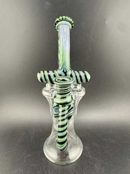 Domer Glass Recycler - 2025 Double Tornado Black Green White Wig Wag 10mm 90° featuring unique swirling design.