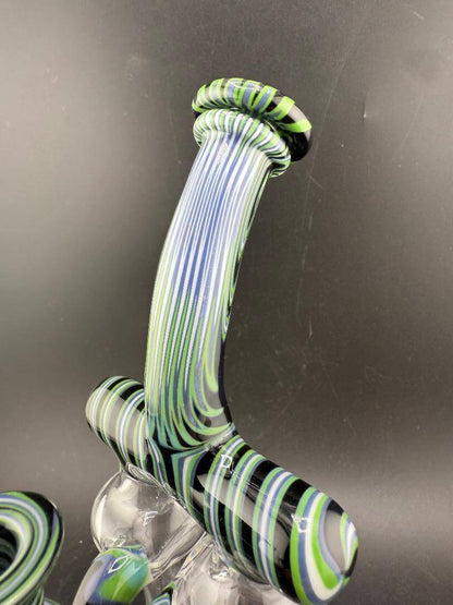 Domer Glass Recycler - 2025 Double Tornado Black Green White Wig Wag 10mm 90° with striking green and black design.