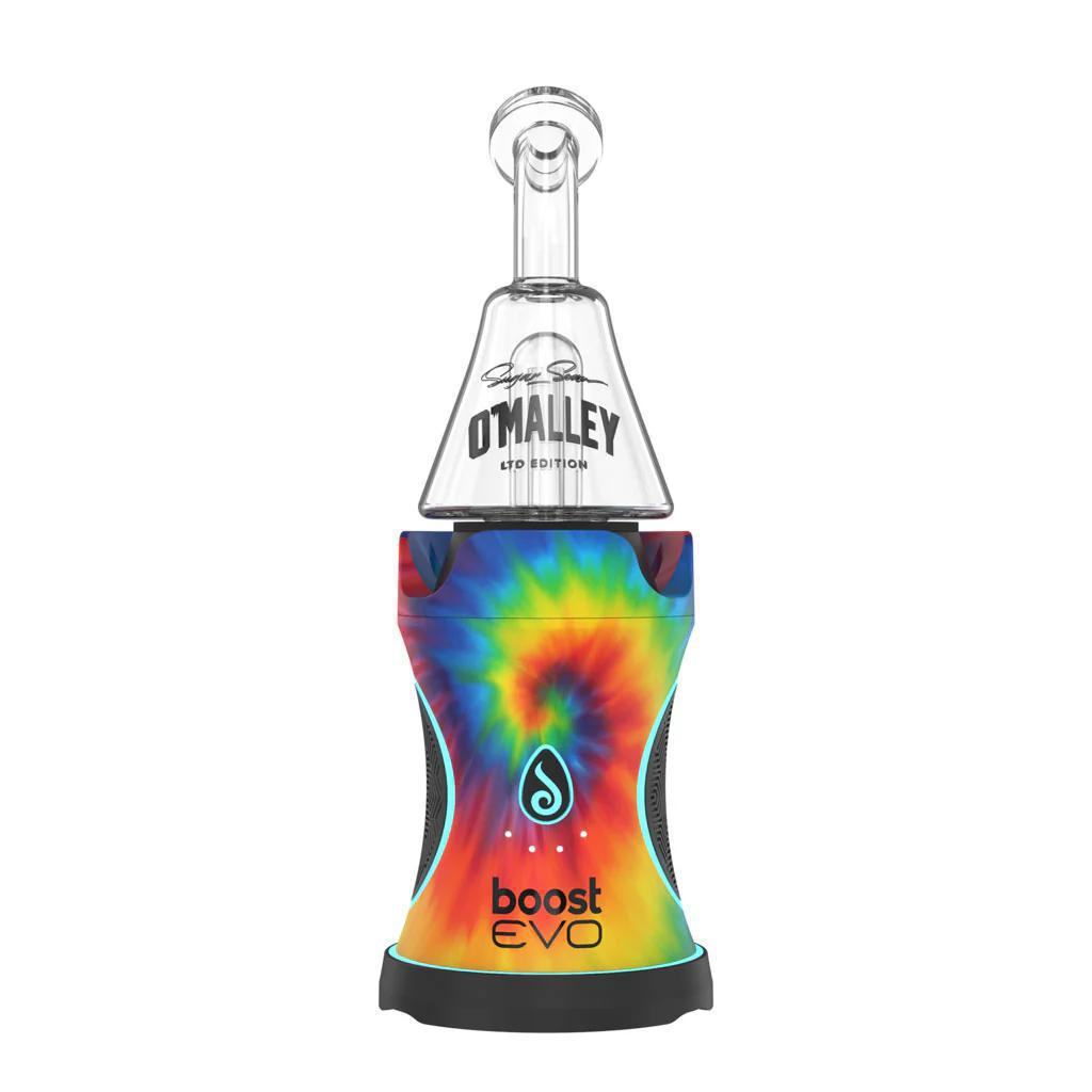 Dr Dabber Boost Evo vibrant tie-dye eRig with glass mouthpiece for precise vaporization and style.