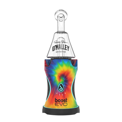 Dr Dabber Boost Evo vibrant tie-dye eRig with glass mouthpiece for precise vaporization and style.