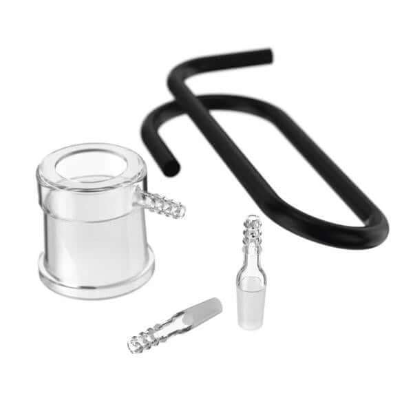 Dr. Dabber Switch whip attachment components, including a glass adapter and metal connecting tool for enhancing dab rigs.