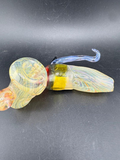 Dunnwright Glass Sidecar Pipe - Fumed w/ Horn, Moldavite & Opal Encasement on a dark background.