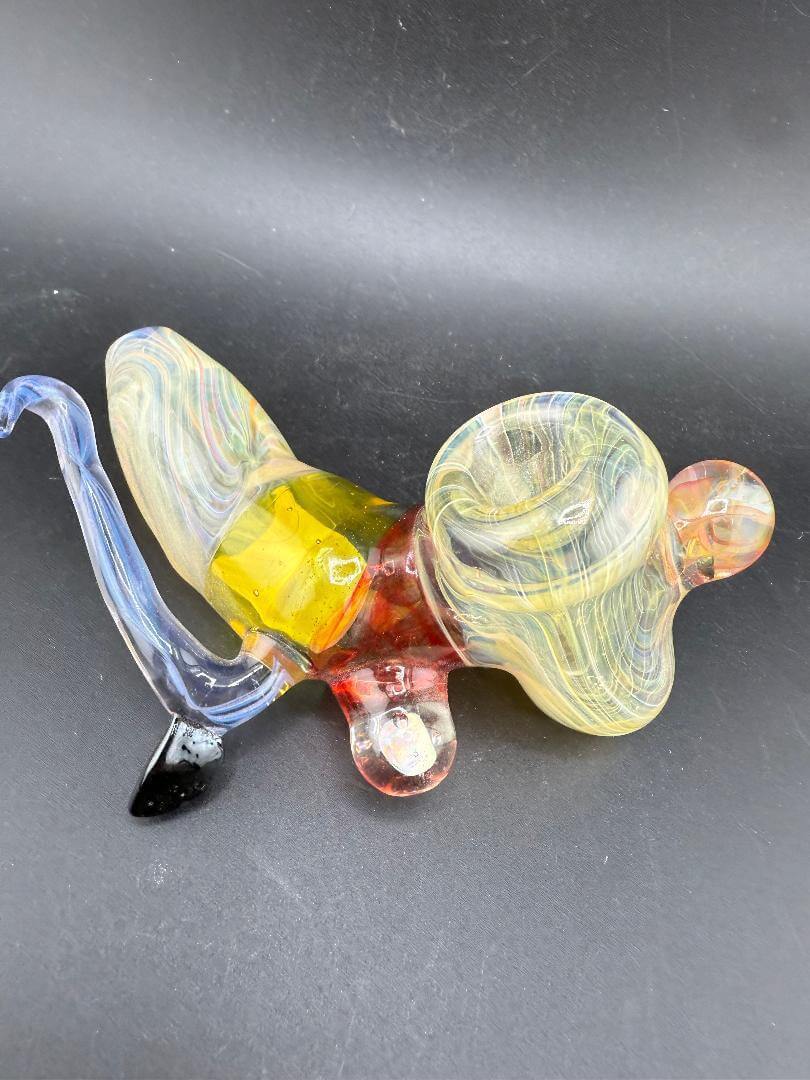 Dunnwright Glass Sidecar Pipe - Fumed w/ Horn, Moldavite & Opal Encasement on a black background.