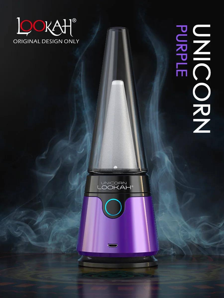 LOOKAH Unicorn Mini Electric Dab Rig in purple with smoke background, portable and sleek design for smoother hits.