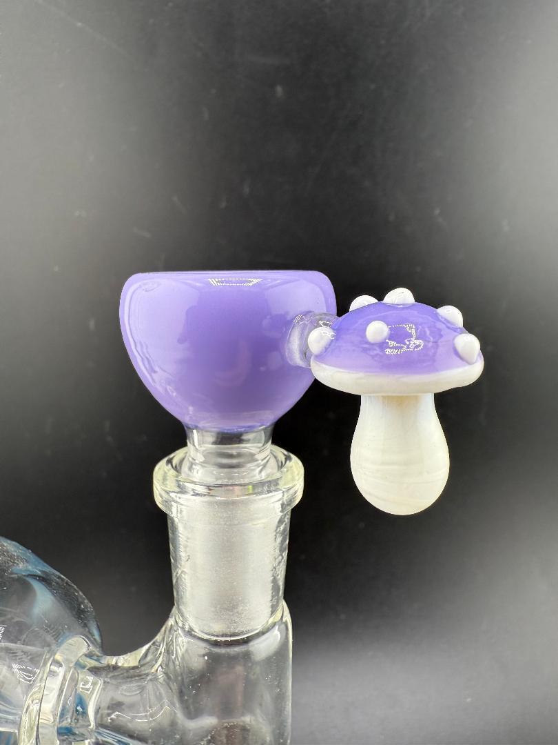 Mushroom 14mm Bowl with whimsical design in purple and white borosilicate glass for enhanced smoking experience.