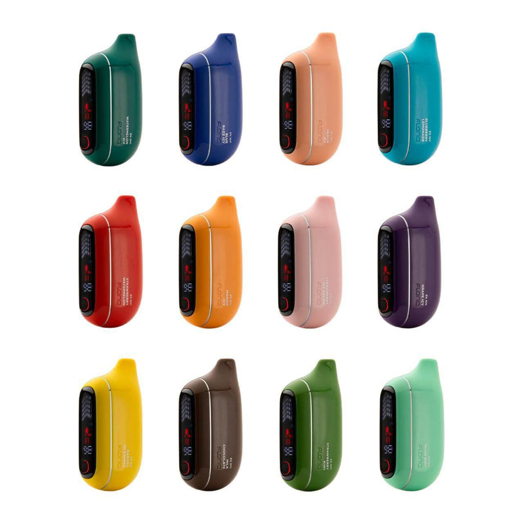 Flonq Max Pro 2% vaping devices in multiple colors showcasing LED screens and modern design.