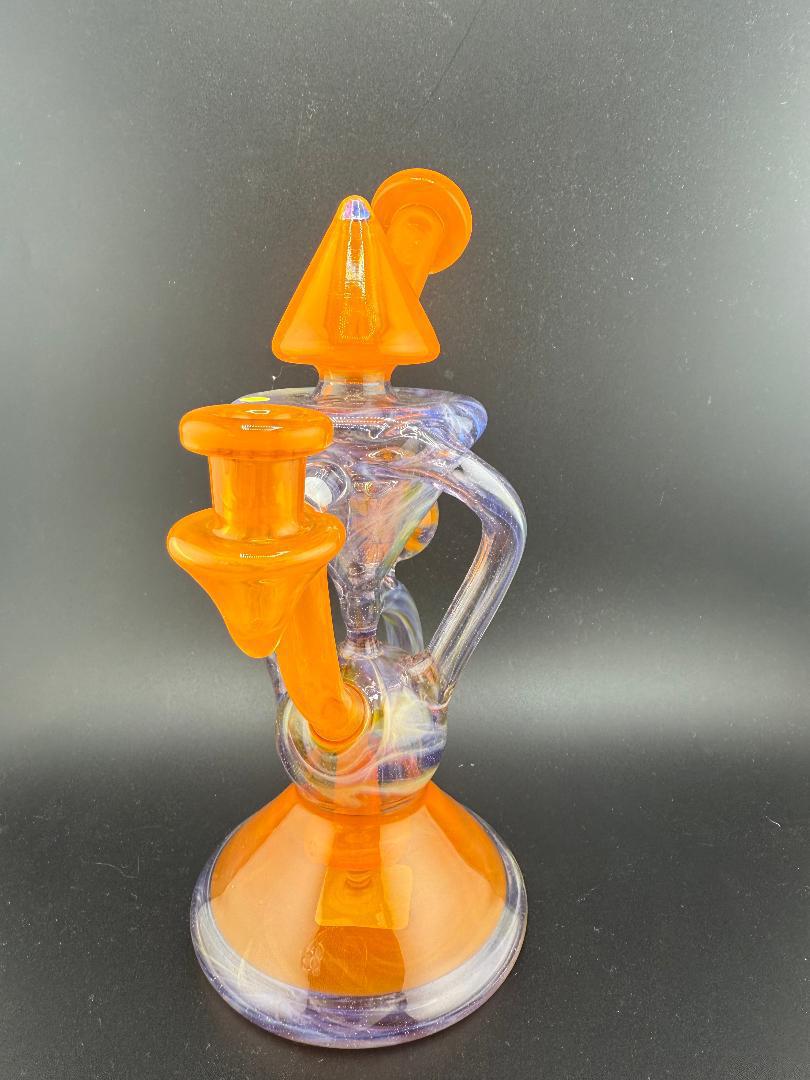 Mank Glass Orange & Purple Recycler w/ Marble and Opal Accents 10mm 90°
