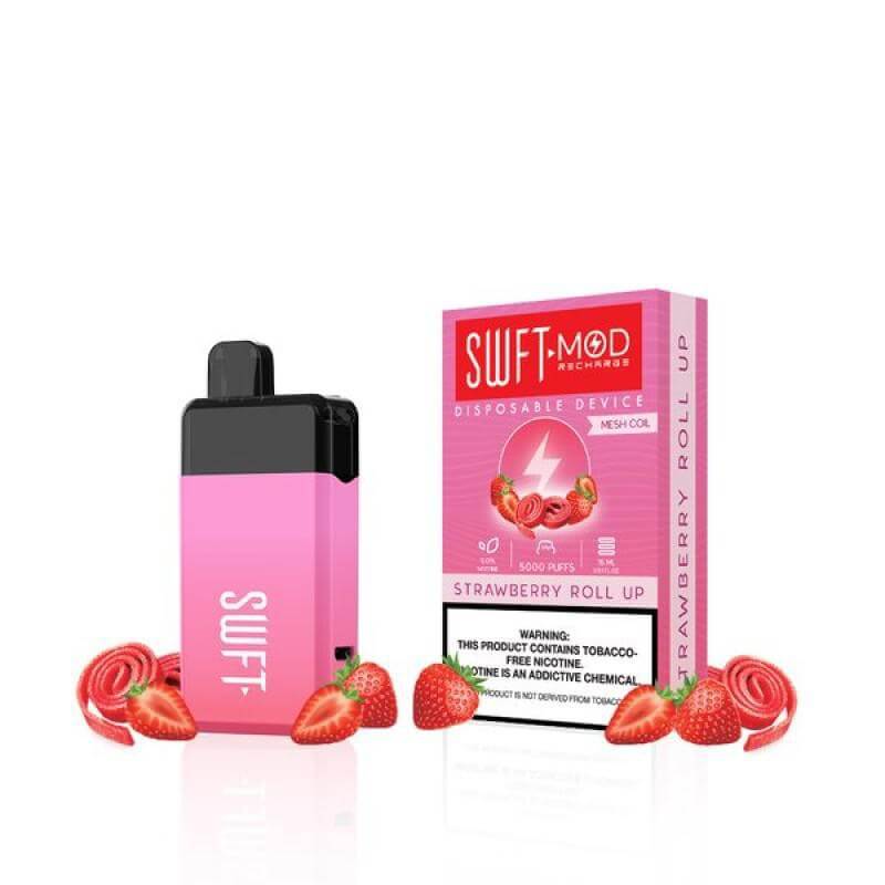 SWFT Mod 5k Disposable Vape Strawberry Roll Up flavor with strawberries, offering 5000 puffs of vaping satisfaction.