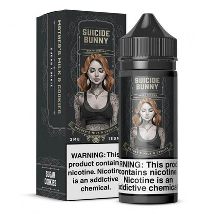 Suicide Bunny Mother's Milk and Cookies 120ml E-liquid with warning label for nicotine content.