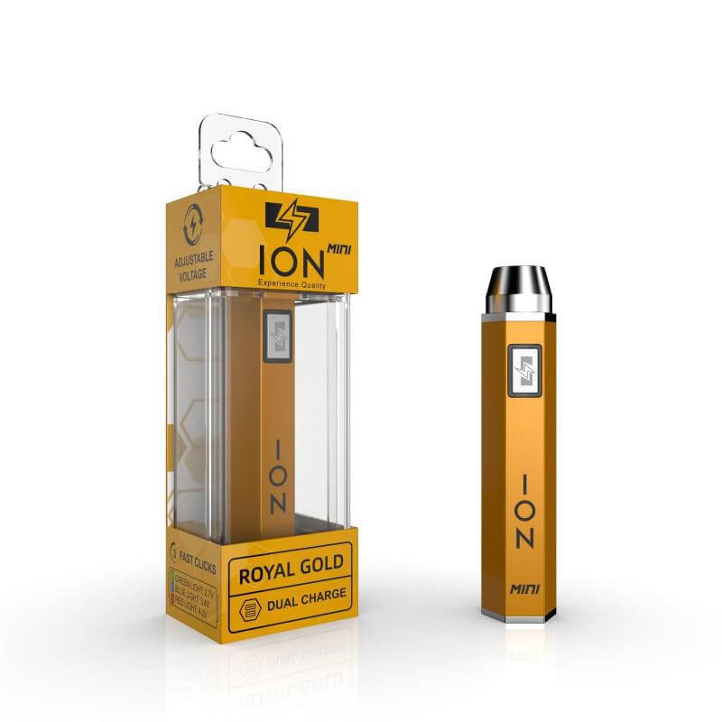 ION Mini Fusion 510 Battery in Royal Gold packaging, compact and adjustable for optimal vaping performance.