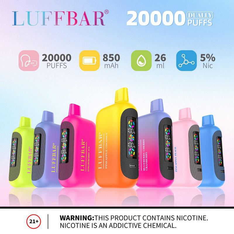 LUFFBAR Dually 20000 Disposable Vape with 5% nicotine, 26mL e-liquid, and 850mAh battery for lasting puffs.