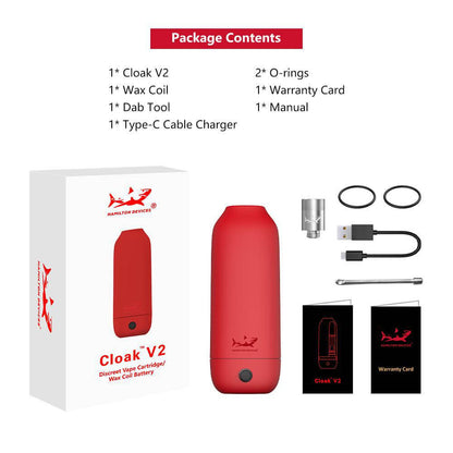 Cloak V2 vape kit with wax coil, accessories, and packaging contents shown in red.