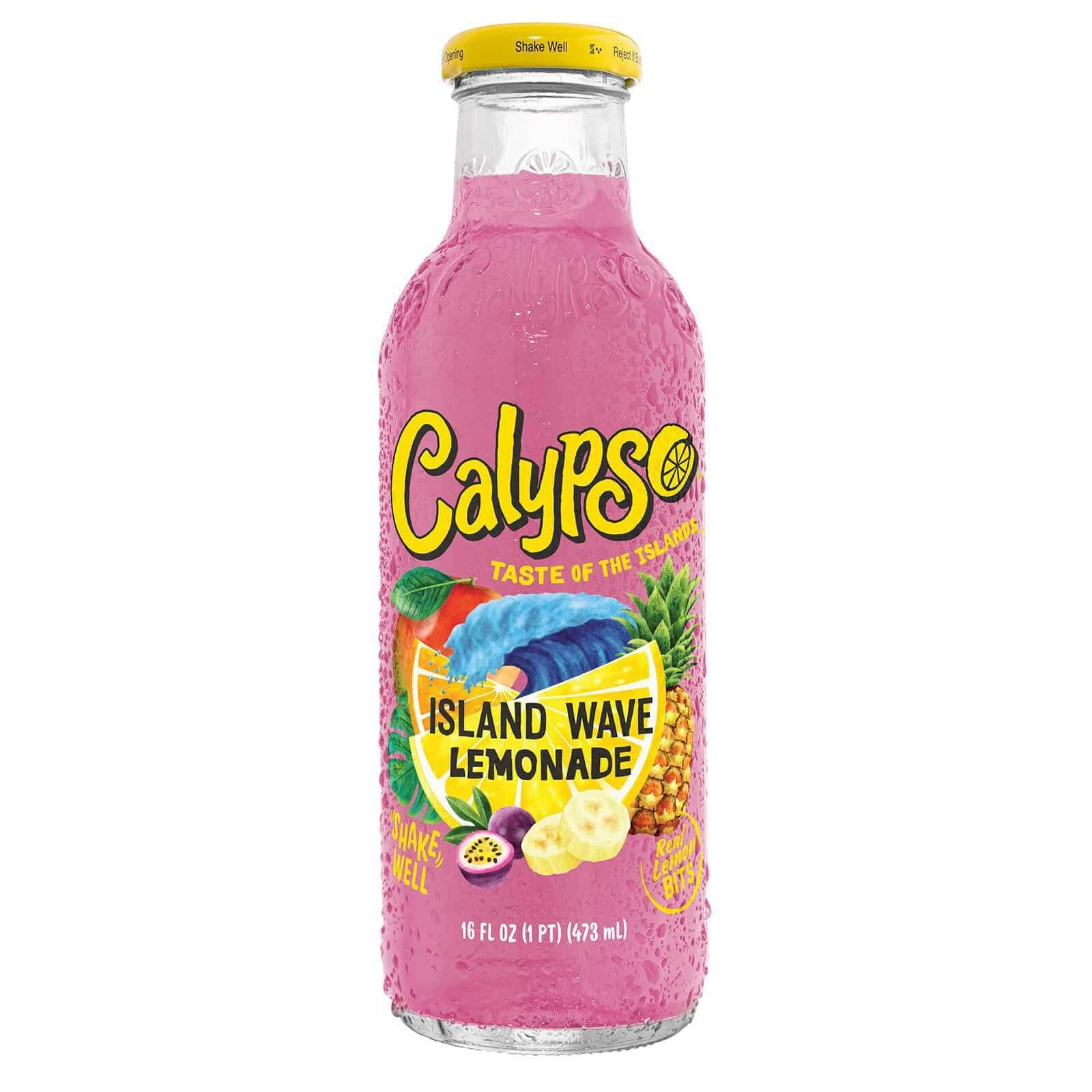 Calypso Island Wave Lemonade 16oz bottle, vibrant pink drink with tropical fruit flavors, refreshing beverage option.