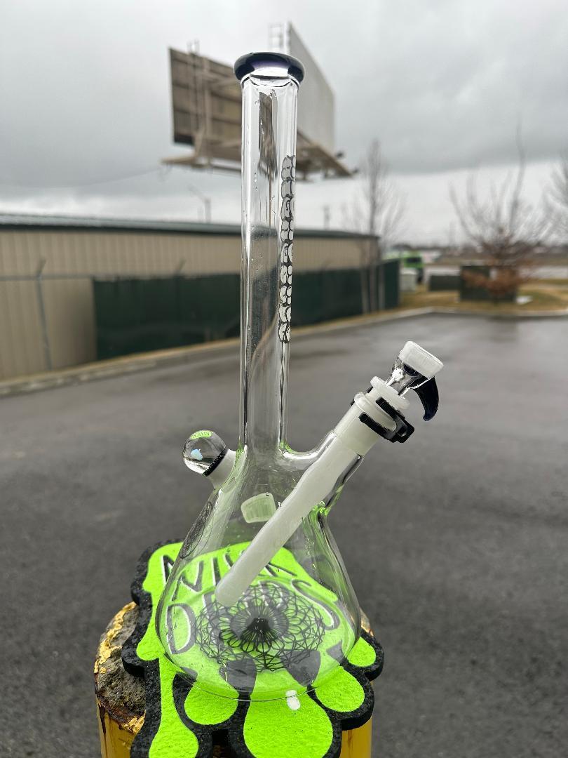 HighGrade Glass Flower Beaker - Simple Color Accent w/ Sacred Geometry Bake On, Marble Attachment and 4 Hole Slide