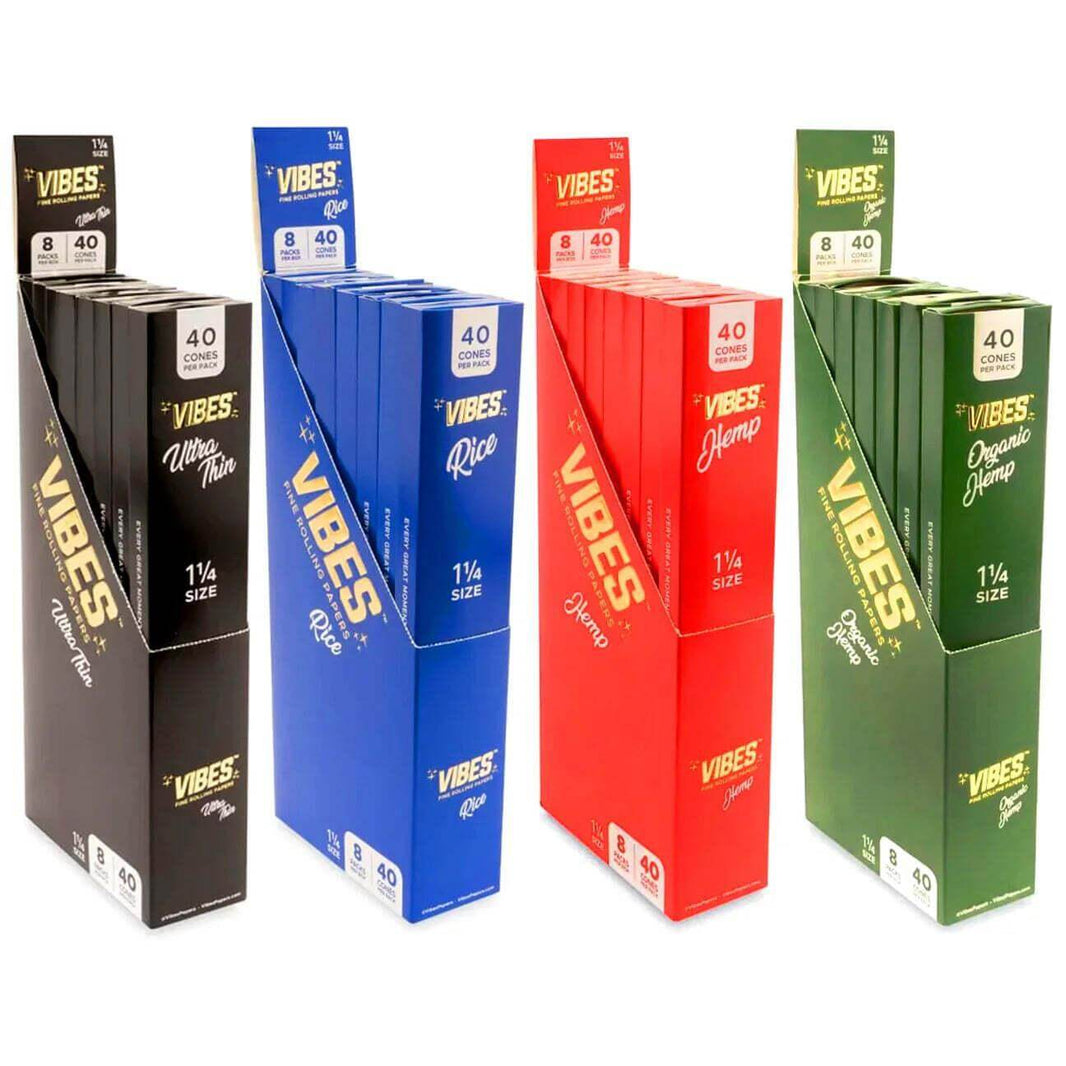 Vibes 1 1/4 size pre-rolled cones, 40 pack in Rice, Hemp, Organic Hemp, Ultra Thin flavors