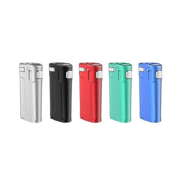 Yocan UNI Twist 510 Battery in silver, black, red, green, and blue colors, showcasing adjustable compatibility features.