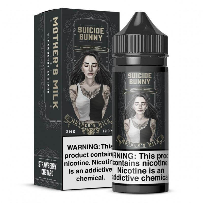 Suicide Bunny Mother's Milk 120ml E-liquid with strawberry custard flavor and warning label.