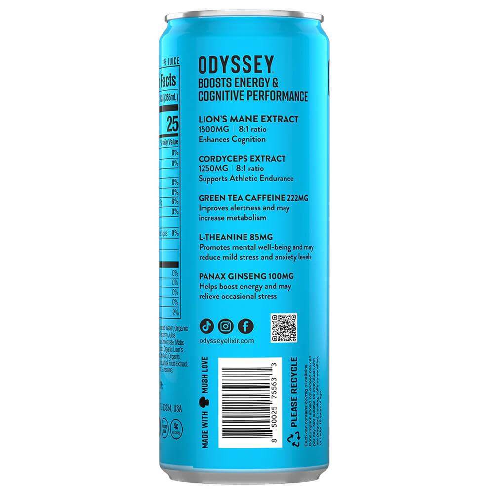 Odyssey Mushroom Elixir can, showcasing nutrient information and health benefits for energy and focus.