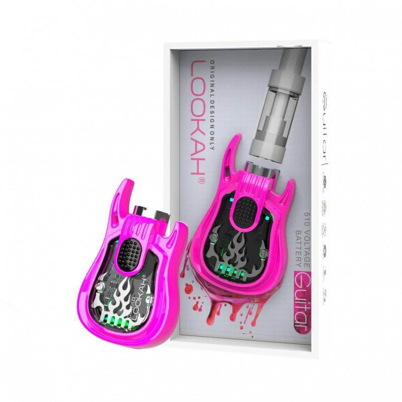 Lookah Guitar 510 Thread Vape Battery in pink, featuring a unique guitar design and stylish packaging.