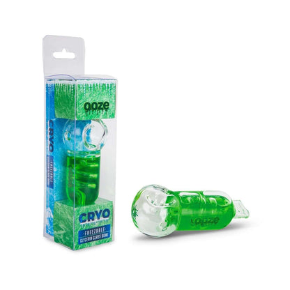 Ooze Cryo Freezable Glycerin Glass Hand Pipe in green with packaging, ideal for smooth and cool smoking sessions.