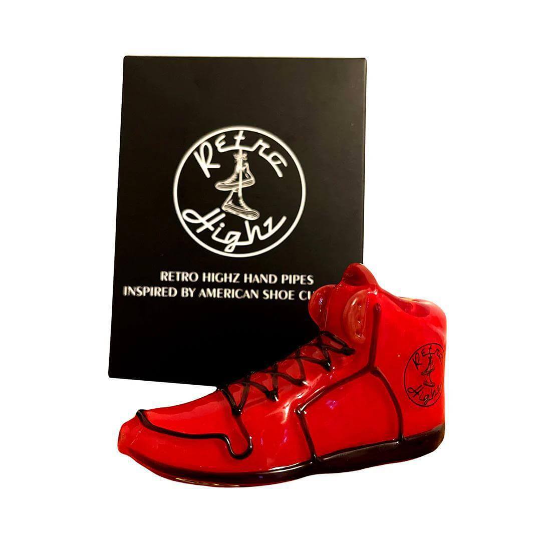 Retro Highz 4" hand pipe shaped like a red sneaker, showcasing unique design and quality craftsmanship.