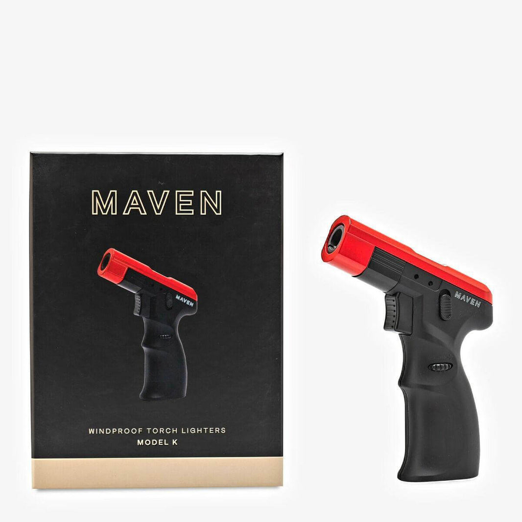 Maven Model K Butane Torch next to stylish packaging, designed for precision and high-heat use.