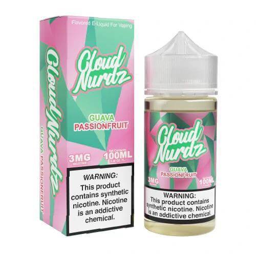 Cloud Nurdz Guava Passionfruit 100ml e-liquid, featuring vibrant packaging and a warning for synthetic nicotine.