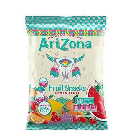 Arizona Fruit Snacks bag featuring mixed fruit flavors, gluten-free, fat-free, and made with real fruit.