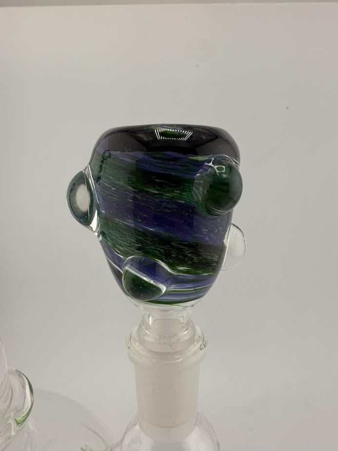 Crondo Glass Frit Swirl 14mm Bowl featuring colorful frit work and swirl line design, displayed on a glass piece.