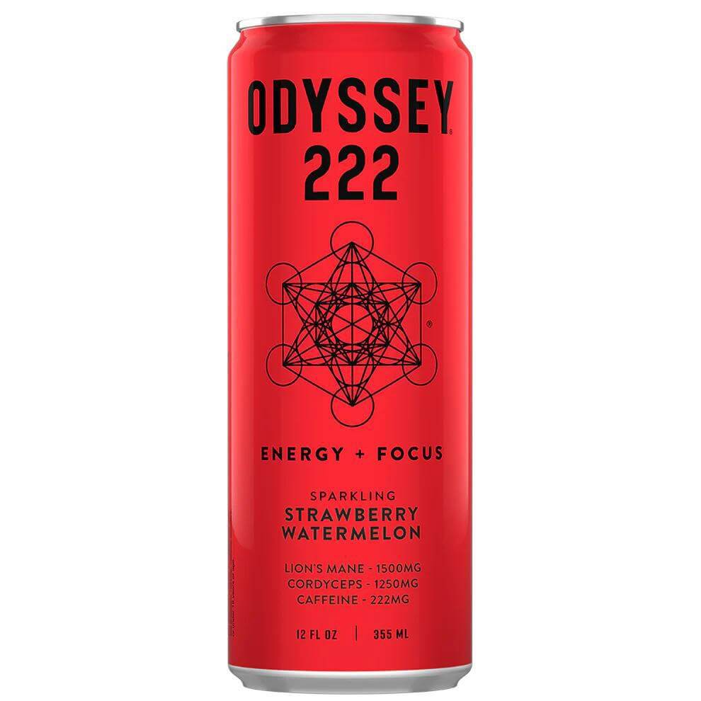 Odyssey 222 sparkling energy drink can in Strawberry Watermelon flavor, boosting energy and focus with 222mg caffeine.