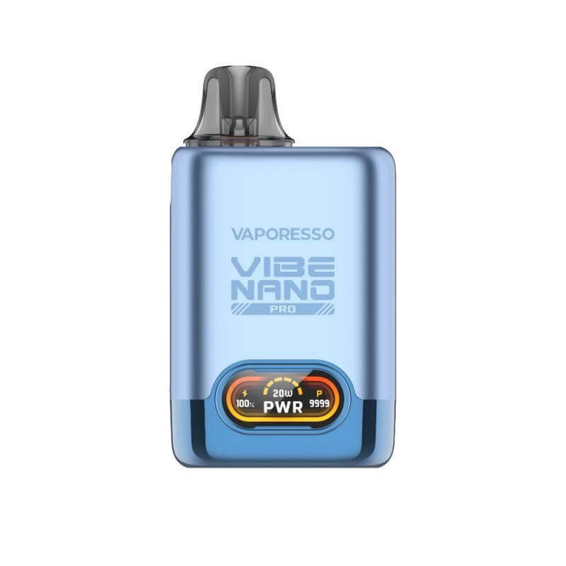 Vaporesso Vibe Nano Pro Pod Kit in blue, showcasing the PWR display and sleek design for MTL vaping.