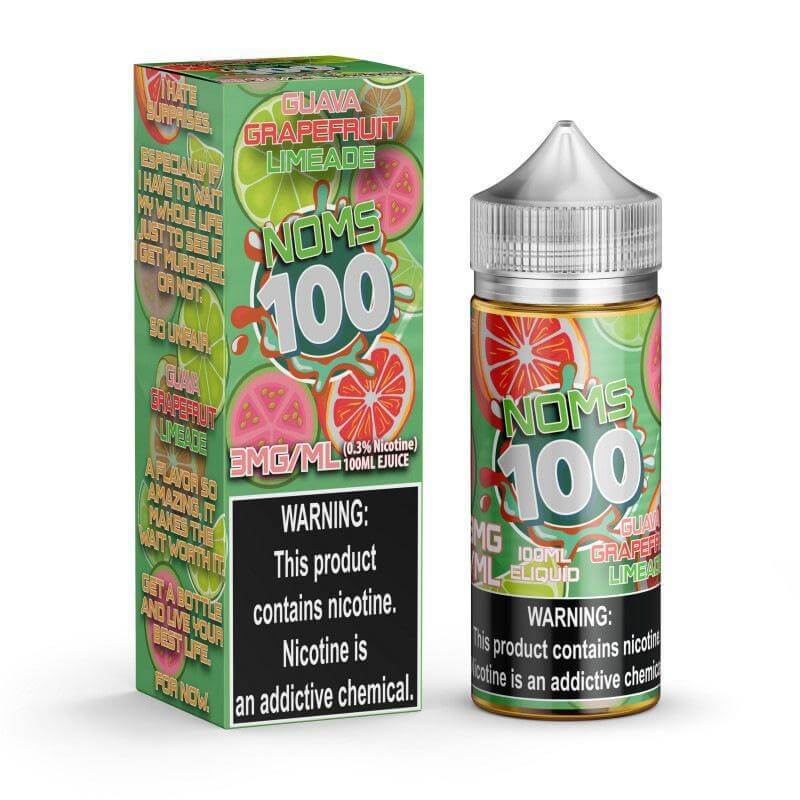 NOMS 100 vape juice bottle and box featuring guava grapefruit limeade flavor and nicotine warning.