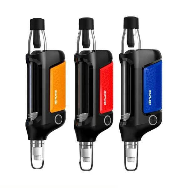 Ispure Ispire Daab Pen in black with orange, red, and blue accents, featuring auto and manual mode for dabbing.
