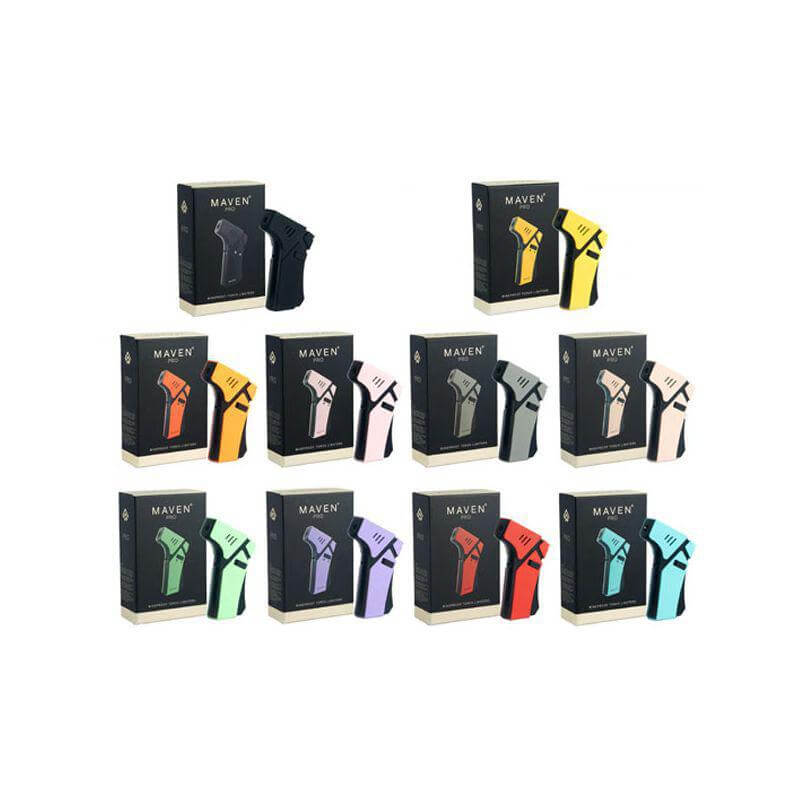 Maven Pro Butane Torch in various colors displayed with packaging for culinary and crafting use.