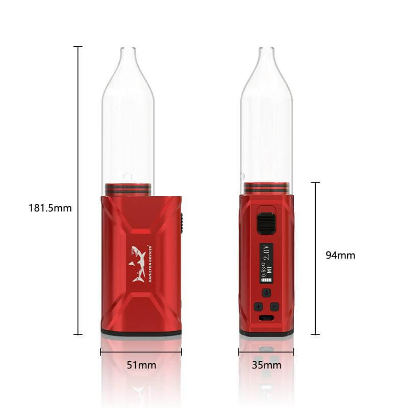 Hamilton Jetstream in red, measuring 181.5mm by 51mm, a self-propelling vape device with adjustable settings.