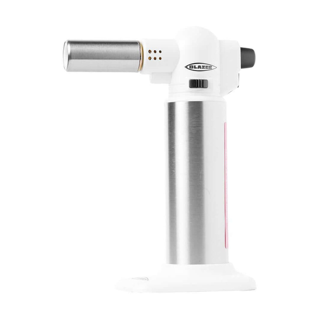 Blazer Big Buddy Butane Torch in white and silver, ideal for professional and home use, showcasing precision and portability.