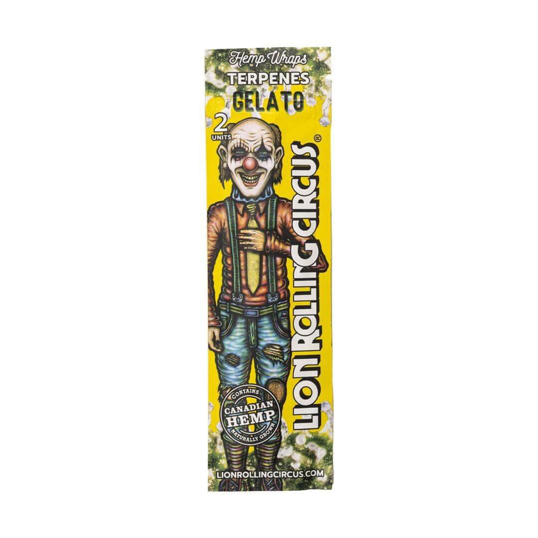 Lion Rolling Circus Hemp Wraps in Gelato flavor, terpene infused, featuring a clown design, 2 units per pack.