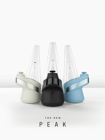 Puffco New Peak vaporizer in Onyx, Cloud, and Sky colors showcasing innovative design and effortless dab experience.