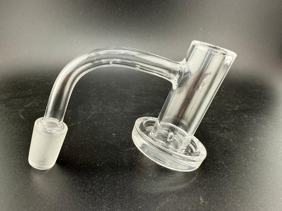 Clear quartz banger for smoking, featuring a curved arm and flat base, perfect for dab rigs.