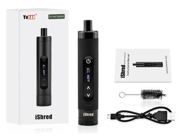 Yocan iShred Vaporizer with accessories and packaging, designed for aromatherapy and optimal dry herb vaping.