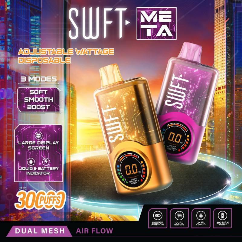SWFT Meta 30k Disposable Vape with adjustable wattage, dual mesh airflow, and large display for optimal vaping.
