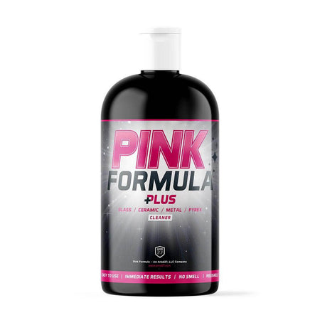 Pink Formula Plus cleaner bottle for glass, ceramic, metal, and Pyrex with effective results and no smell.