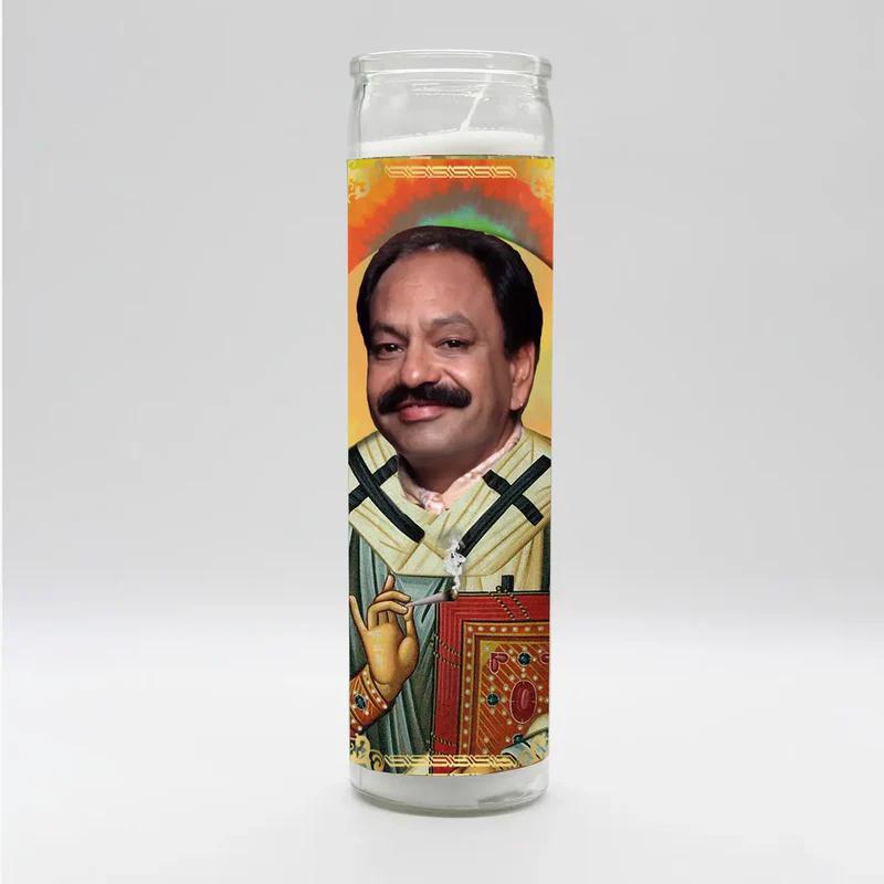 Bobbyk Saint Candles featuring unique parody-inspired imagery on a tall white candle.