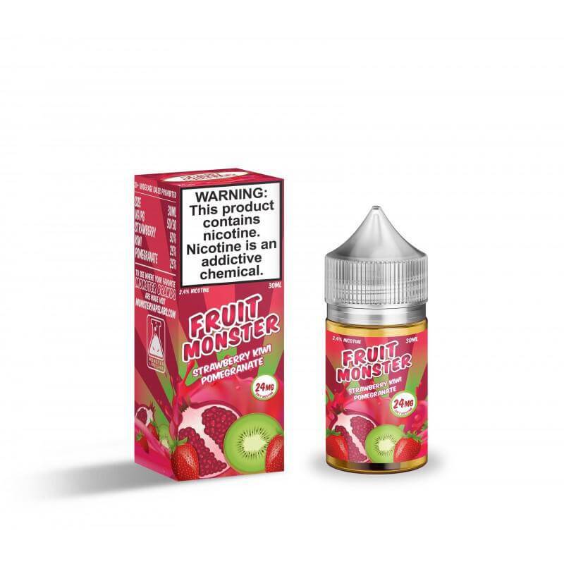 Fruit Monster Salt Nic 30ml Strawberry Kiwi Pomegranate E-Liquid bottle and box for vaping enthusiasts.