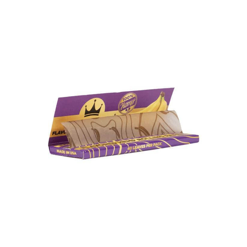 King Palm flavored hemp rolling papers, 1 1/4 size, featuring a banana design with 40 leaves per pack.