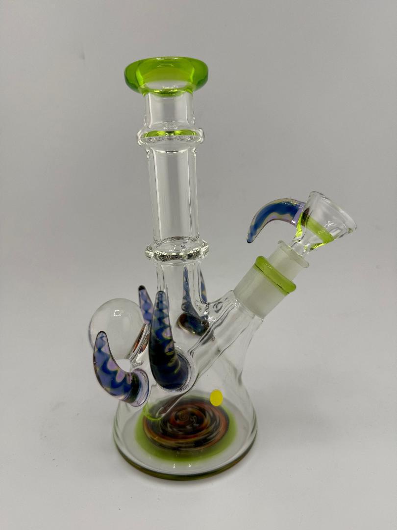 Lylo Glass Horned Mini Beaker 10mm with green accents and unique horned design, handcrafted in Spokane, WA.