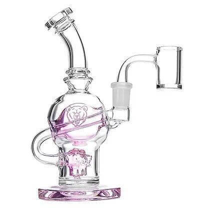 Clear glass dab rig with bear design and pink accents, ideal for a smooth dabbing experience.