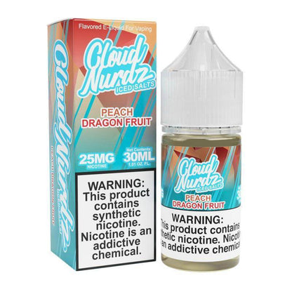 Cloud Nurdz Iced Peach Dragon Fruit 30ml e-liquid with warning label for vaping.